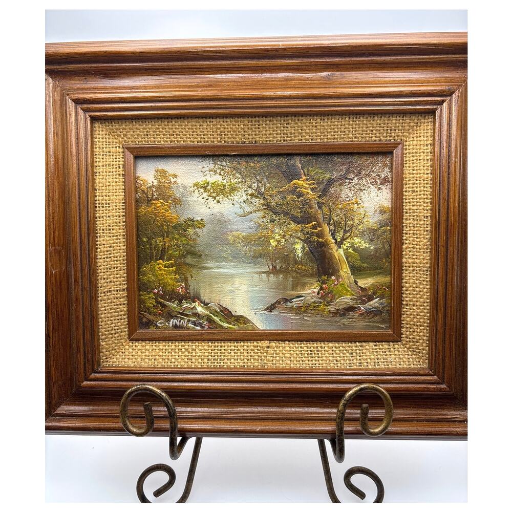 Vintage 1970s Woodland Landscape Oil Painting Signed C. Inness Framed & Matted